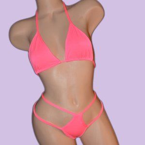 Neon Pink Lycra Triangle Top Two Piece Bikini Set